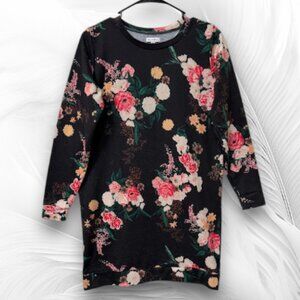 Black Floral Long Sleeve Tunic Dress – Soft Stretchy Casual Top